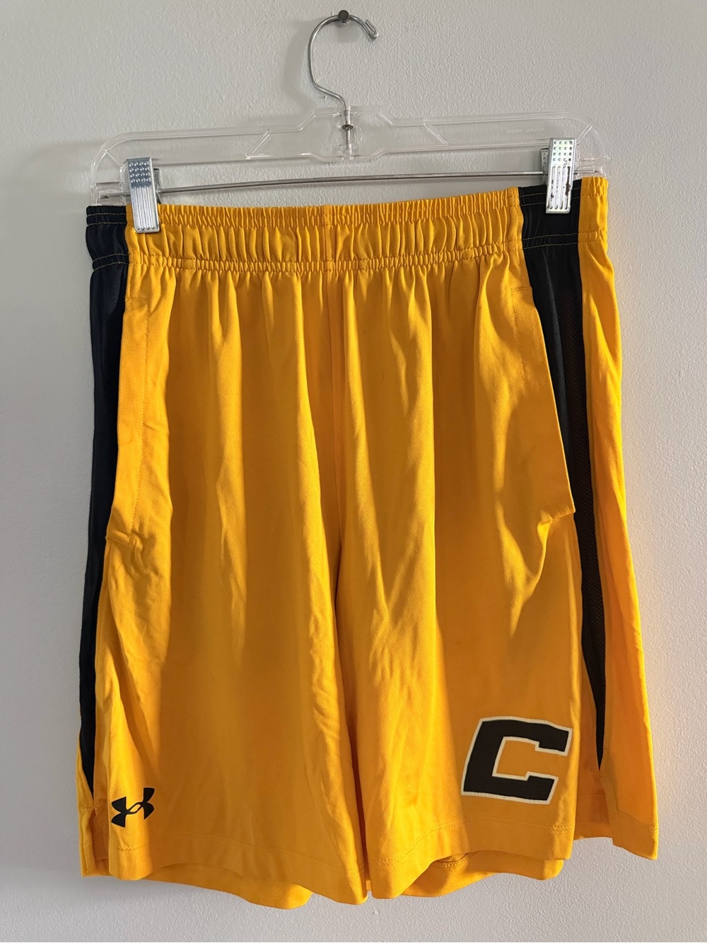 Under Armour Men's Yellow Athletic Shorts Black C with White Outline - adult med